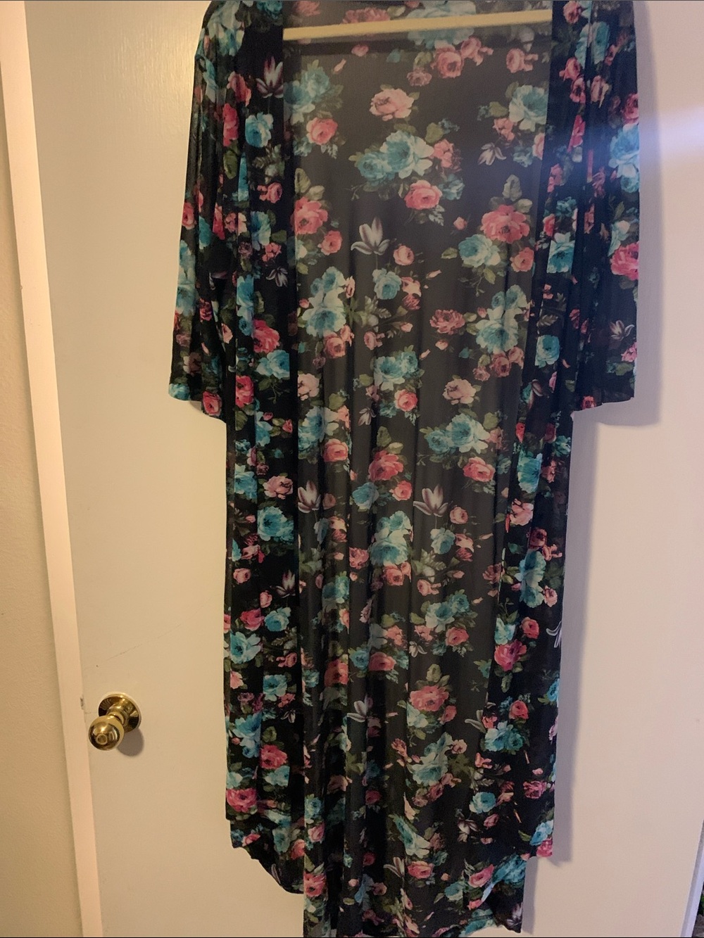 Crazy Train Black Floral Duster with Pink and Teal Flowers